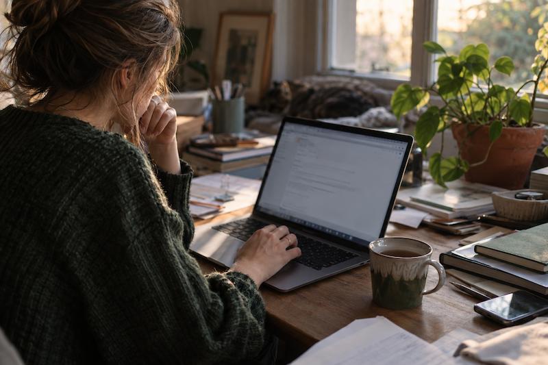 A laptop open on an unfinished email draft on a cluttered desk