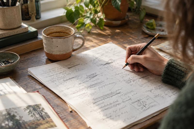A person at a desk looking over a rough first draft covered in pencil marks