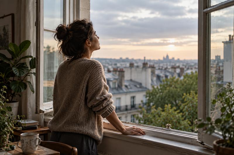 A person pausing at an open window with a hand resting on the sill