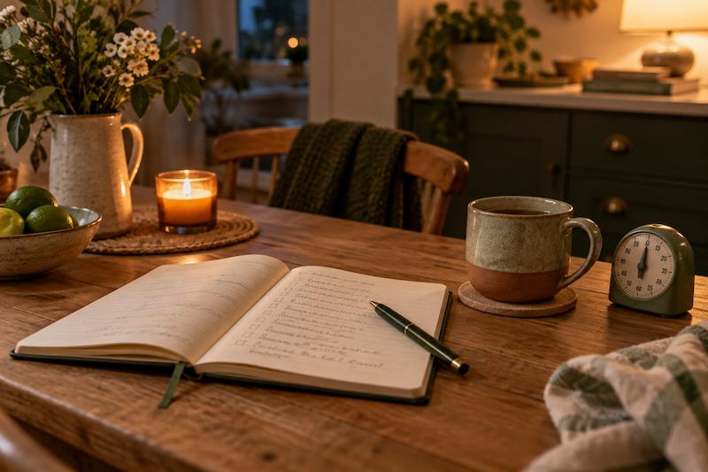 A notebook open to a single handwritten page beside a mug and a kitchen timer