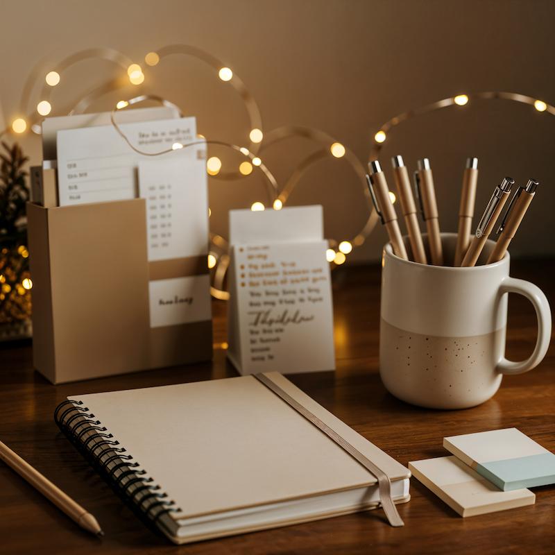 A wall calendar with four seasonal notes pinned above a desk in a home office
