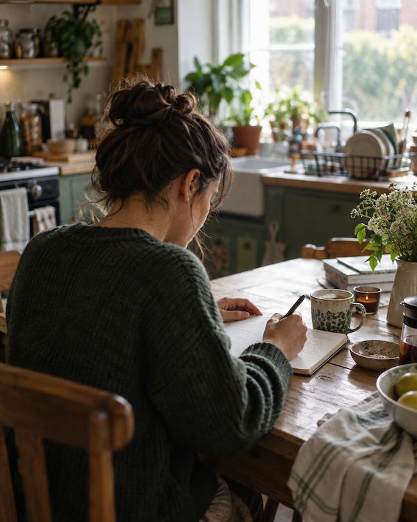 A person writing in a notebook at a kitchen table in morning light, a mug and a window behind them