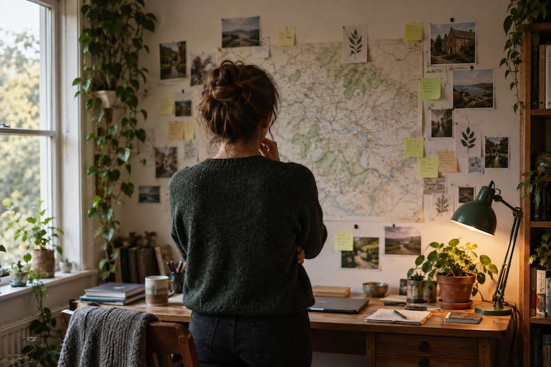 A person looking at a map pinned to a wall in a home office