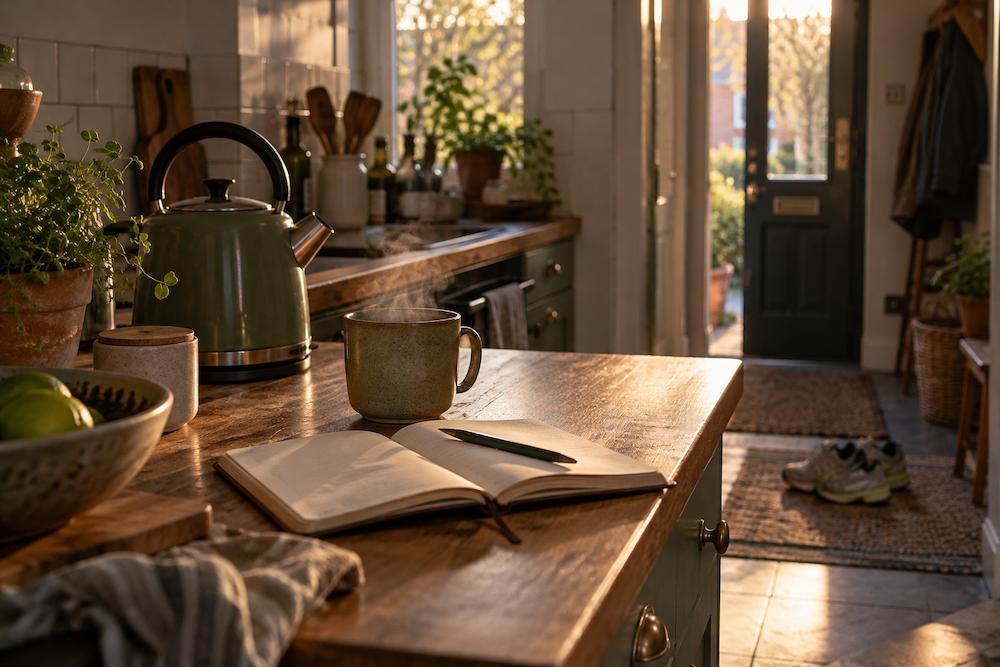 A kitchen counter with a kettle, a notebook and trainers by the door