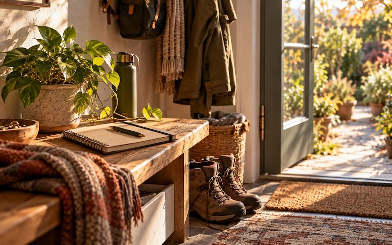 A small plant, a notebook and a pair of walking boots by a back door
