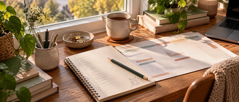 A notebook, pencil and a printed weekly plan on a wooden desk
