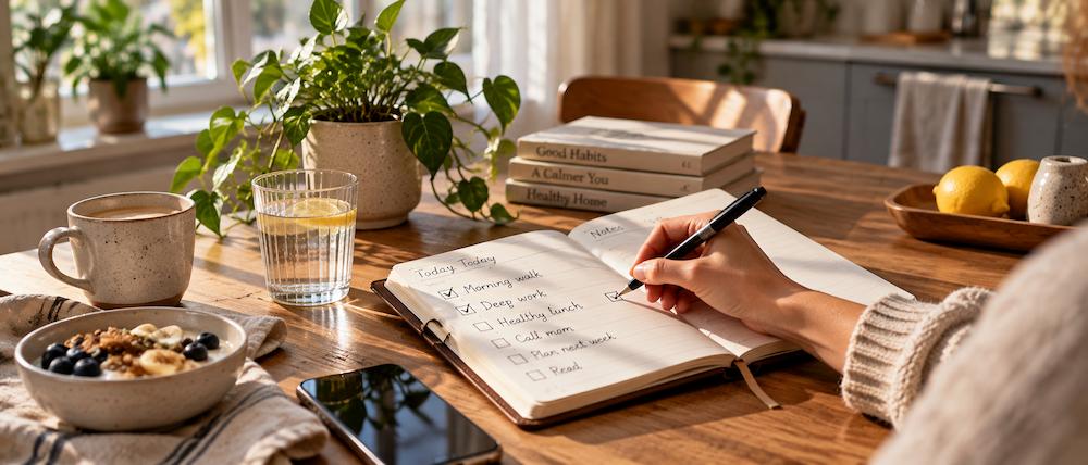 Everyday scene illustrating habits & productivity
